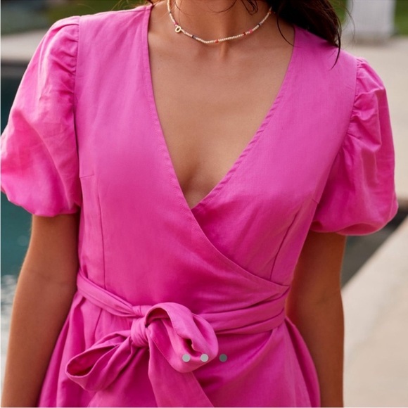 Anthro Charlie Holiday Margaux Wrap‎ pink linen wrap dress w puff sleeves size 4 - Picture 3 of 5